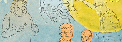 dessin d'une enseignante qui explique, d'une personne qui dessinne le trait d'un robot, deux &eacute;tudiants qui sourient et d'une &eacute;tudiante tournant des boutons sur une machine